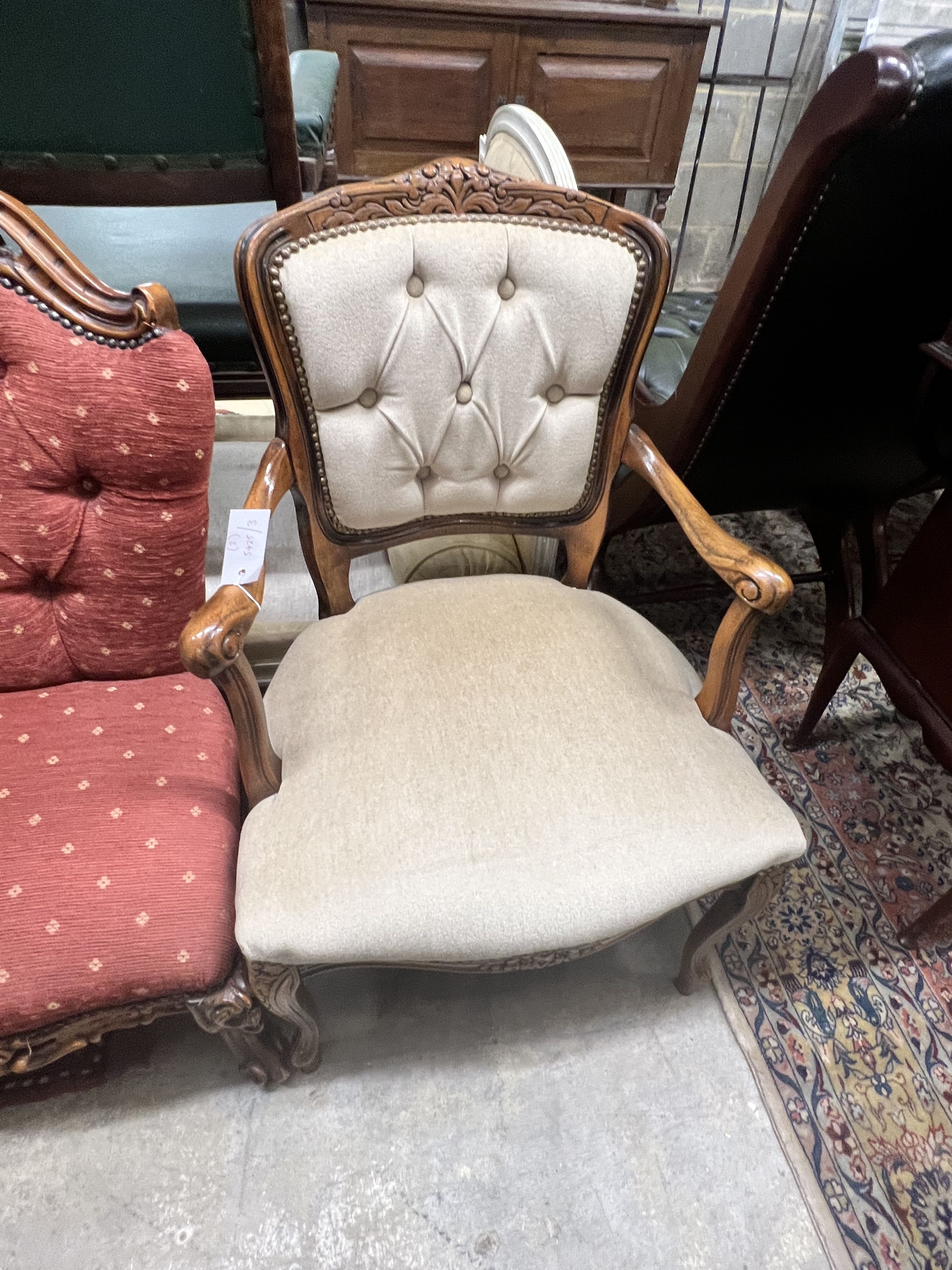 A Louis XV style beech elbow chair and a carved walnut side chair
